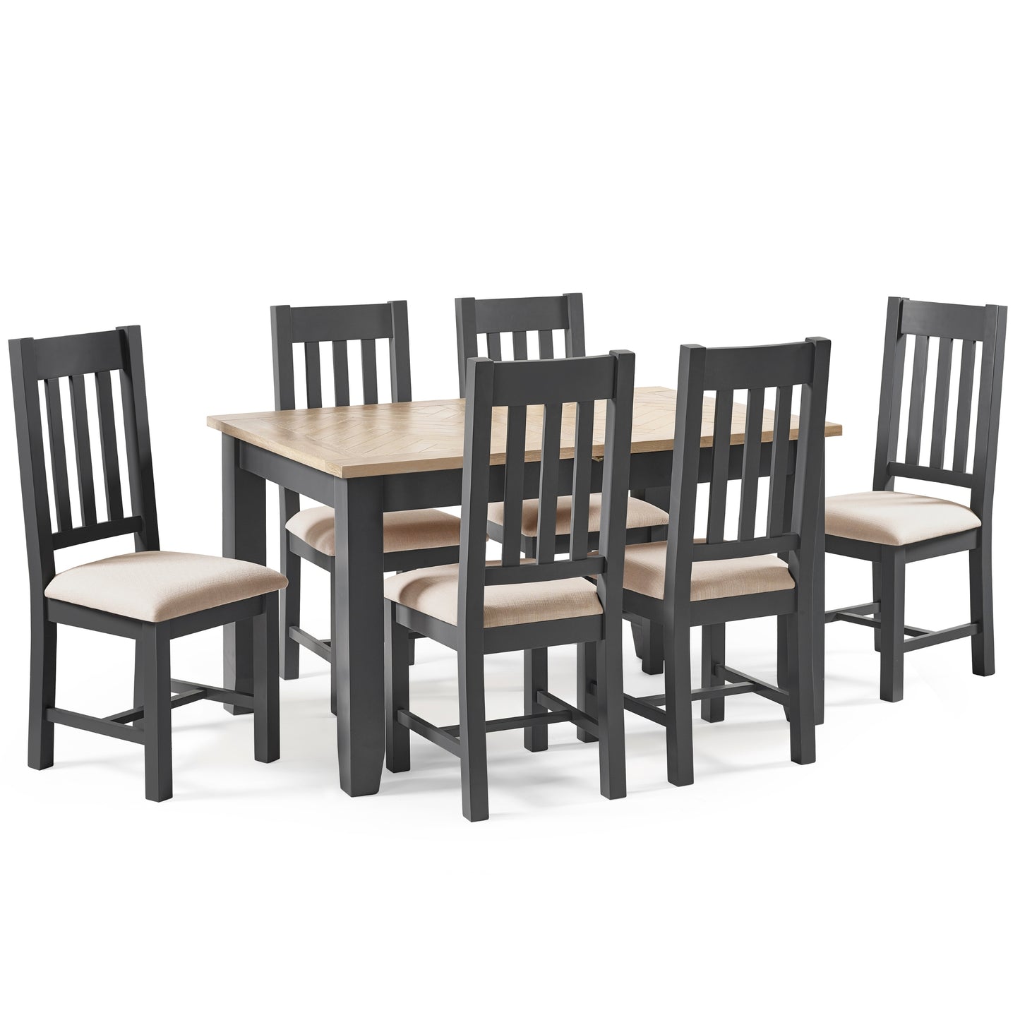 Bordeaux Ext. Dining Table Wh. Oak Veneer & Dining Chair Dark Grey Polyester(6 Chairs)