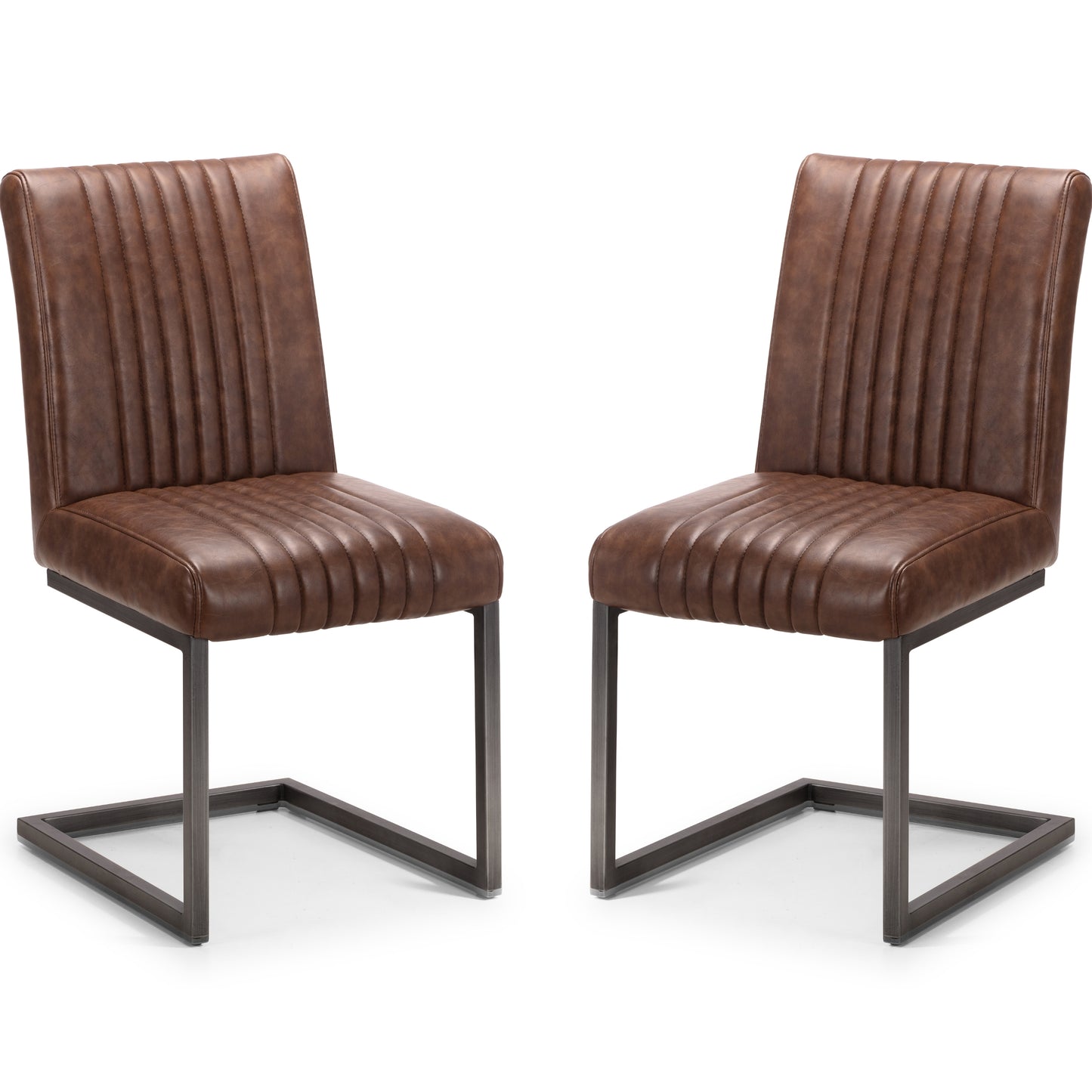 Brooklyn Round Solid Oak Dining Table & Brooklyn Dining Chair Brown Faux Leather Gunmetal legs