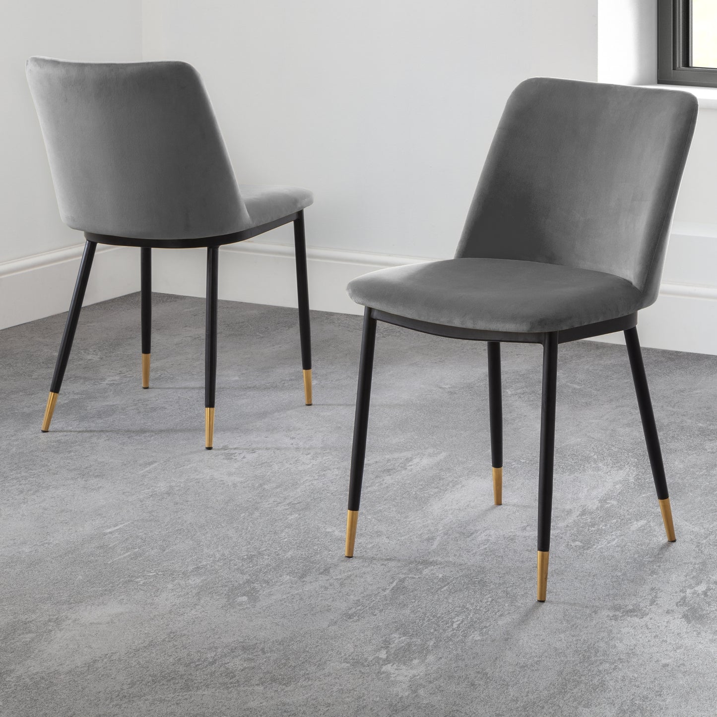 Montero Round Table Golden Legs Glass Top & Delaunay Dining Chair(4 Nos) Grey Fabric Black Legs