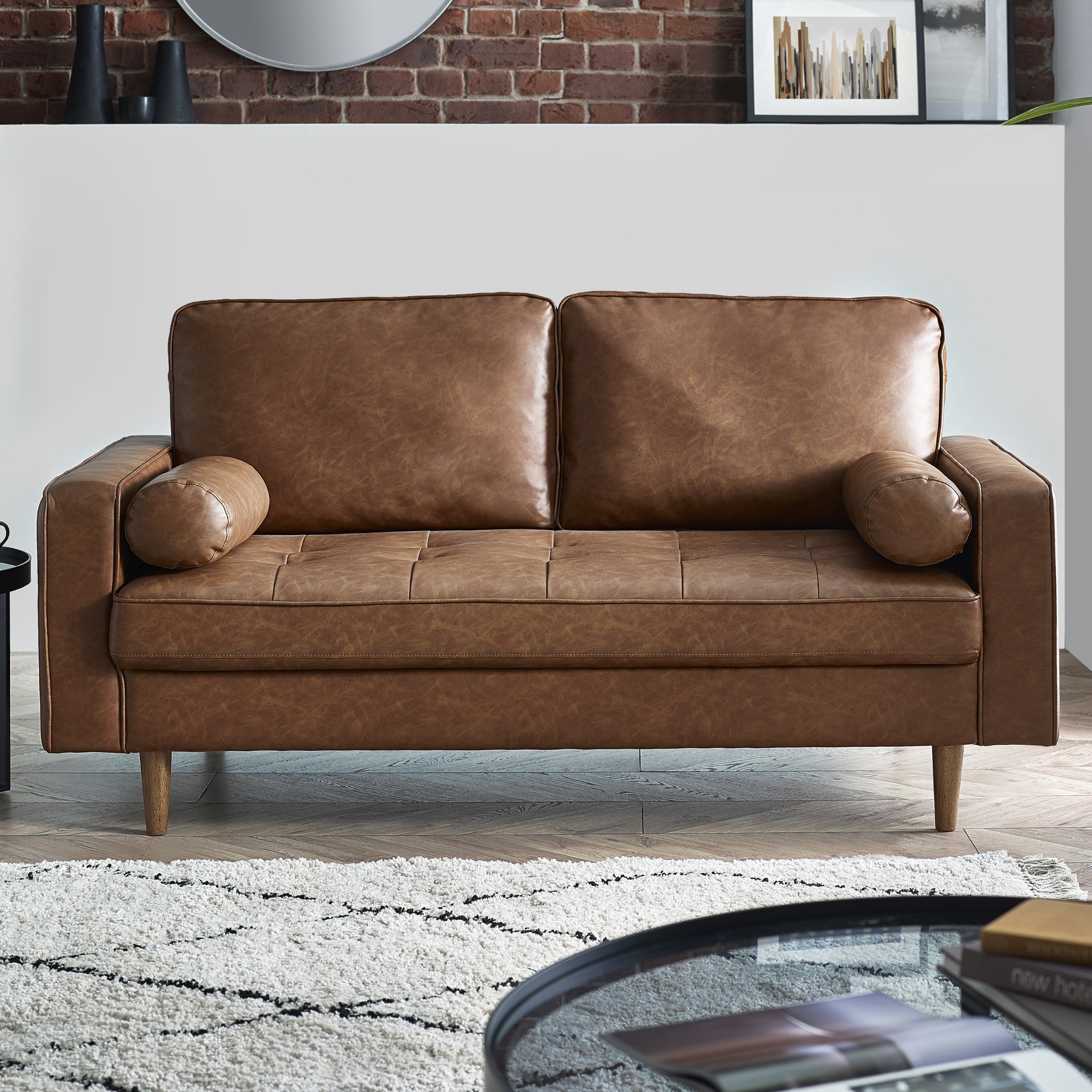 Henley Seater Sofa With Bolster Brown Tan Faux Leather