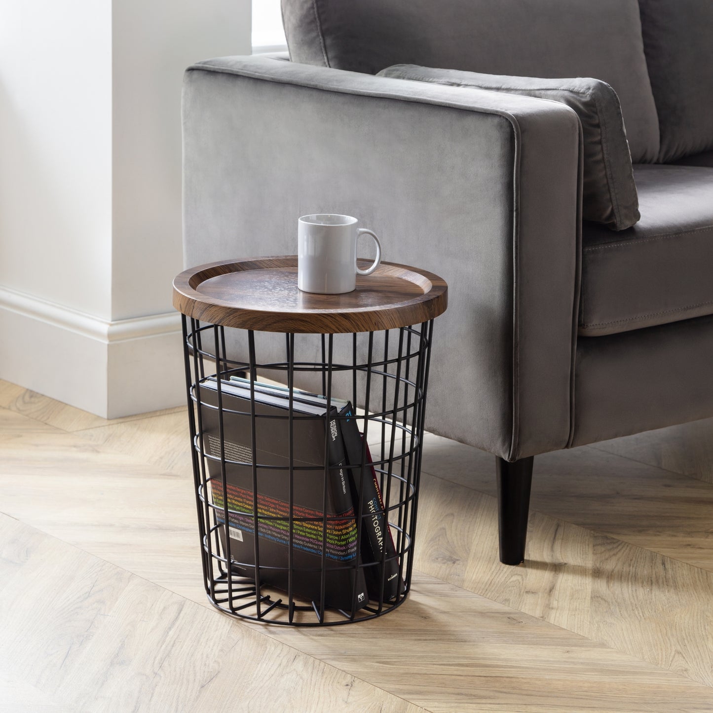 Smithson Storage Lamp Table Walnut Top & Black Wire Base