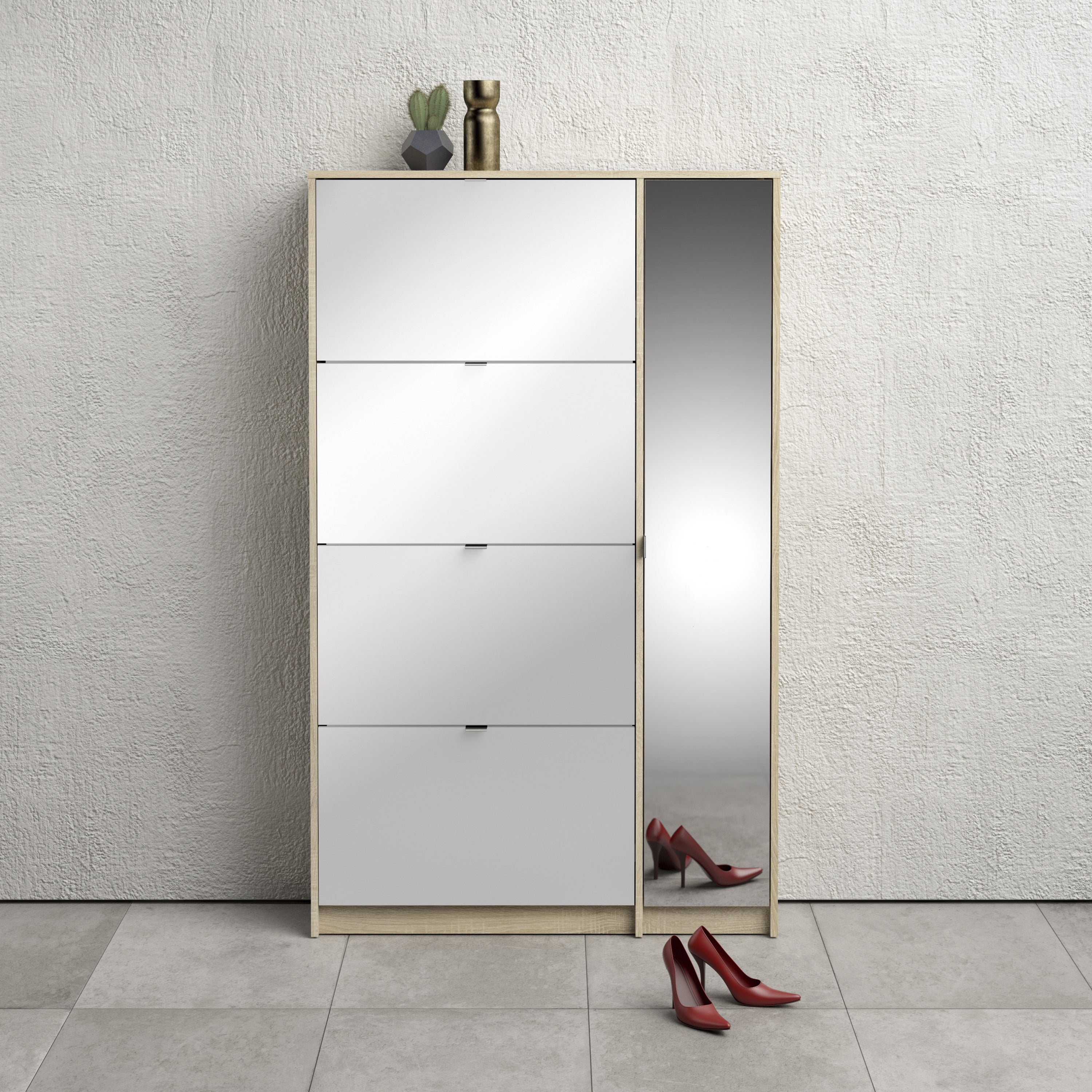 Shoes Oak Cabinet, White Tilting Doors(2 Layers) Mirror Door