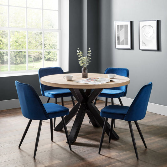 Berwick Round Dining Table Oak + Burgess Dining Chair Blue Fabric(4 Chairs)