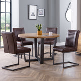 Brooklyn Round Solid Oak Dining Table & Brooklyn Dining Chair Brown Faux Leather Gunmetal legs