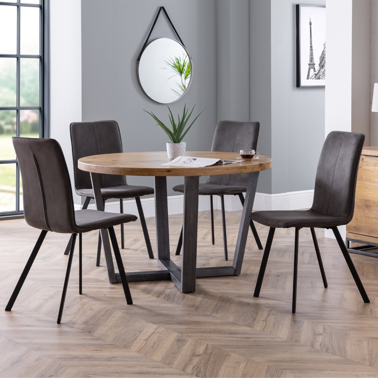 Brooklyn Round Solid Oak Dining Table & Monroe Dining Chairs (4 chairs)  Charcoal Grey Microsuede Fabric Black Legs