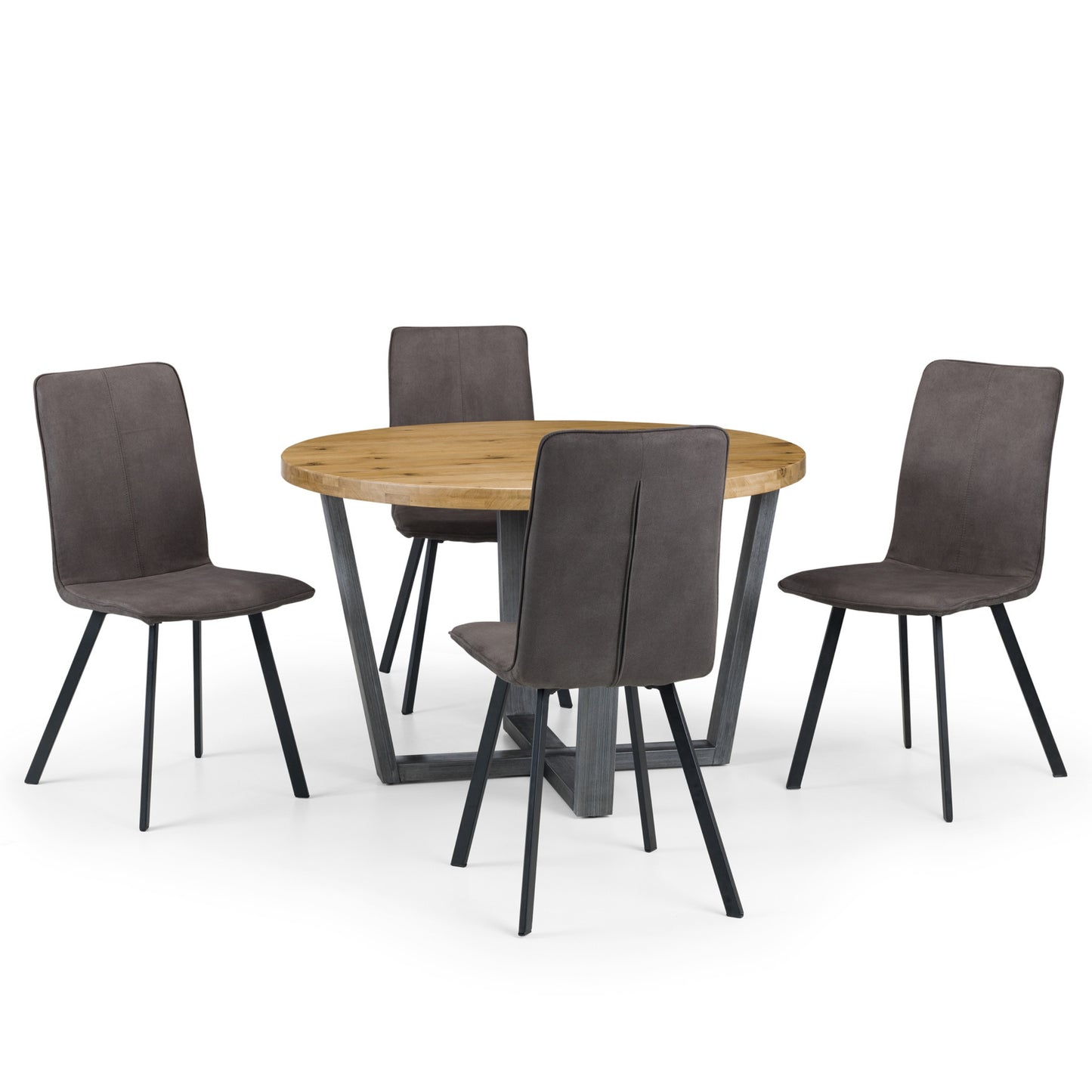 Brooklyn Round Solid Oak Dining Table & Monroe Dining Chairs (4 chairs)  Charcoal Grey Microsuede Fabric Black Legs