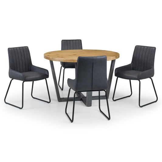 Brooklyn Round Solid Oak Dining Table & Soho Dining Chair Black Faux Leather Black Metal