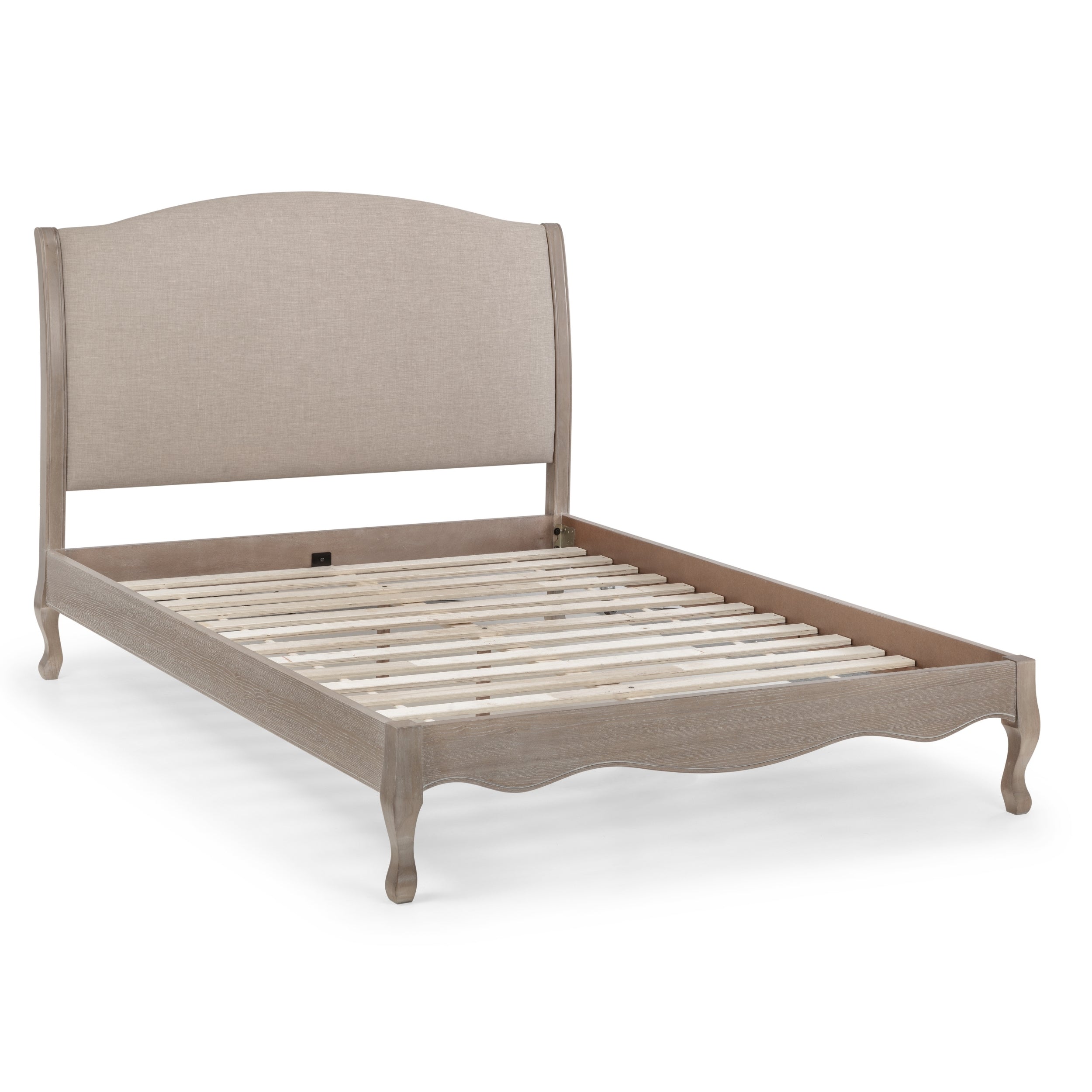 Camille Bed Rubberwood Limed Oak in Oatmeal Linen Fabric