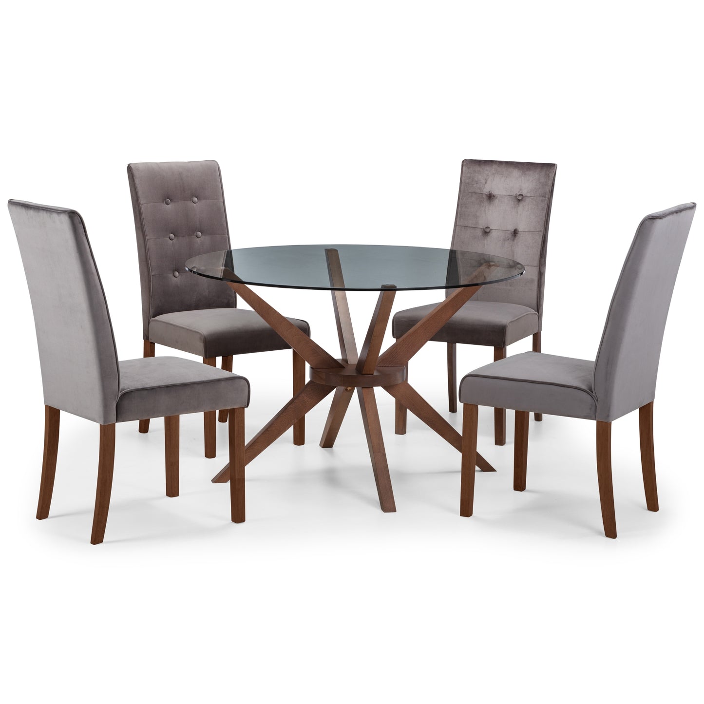 Chelsea Glass Din. Table Beech Fr. Walnut & Madrid Grey Velvet Dining Chair Rubberwood Walnut Finish
