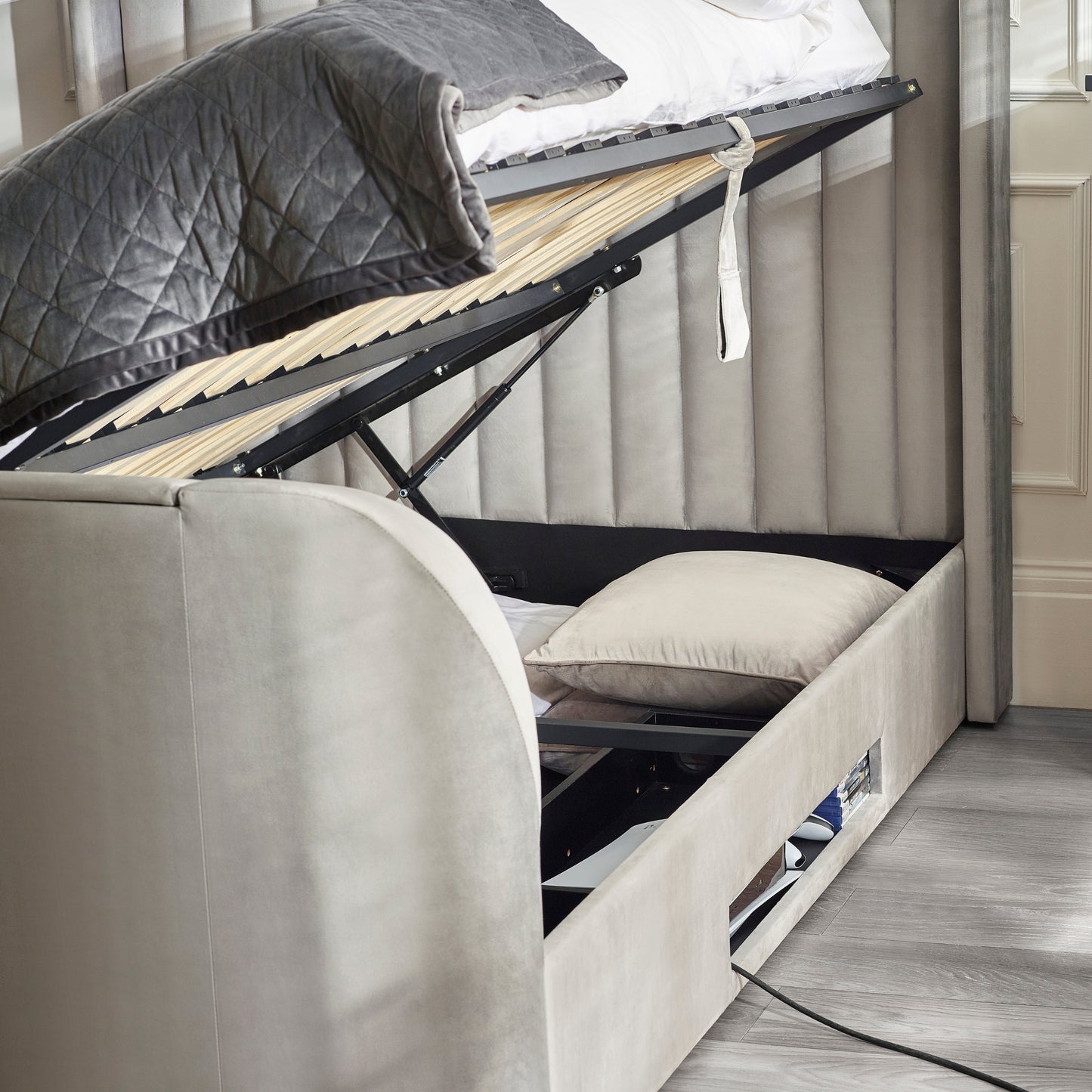 Clara TV Ottoman Bed in Light Grey