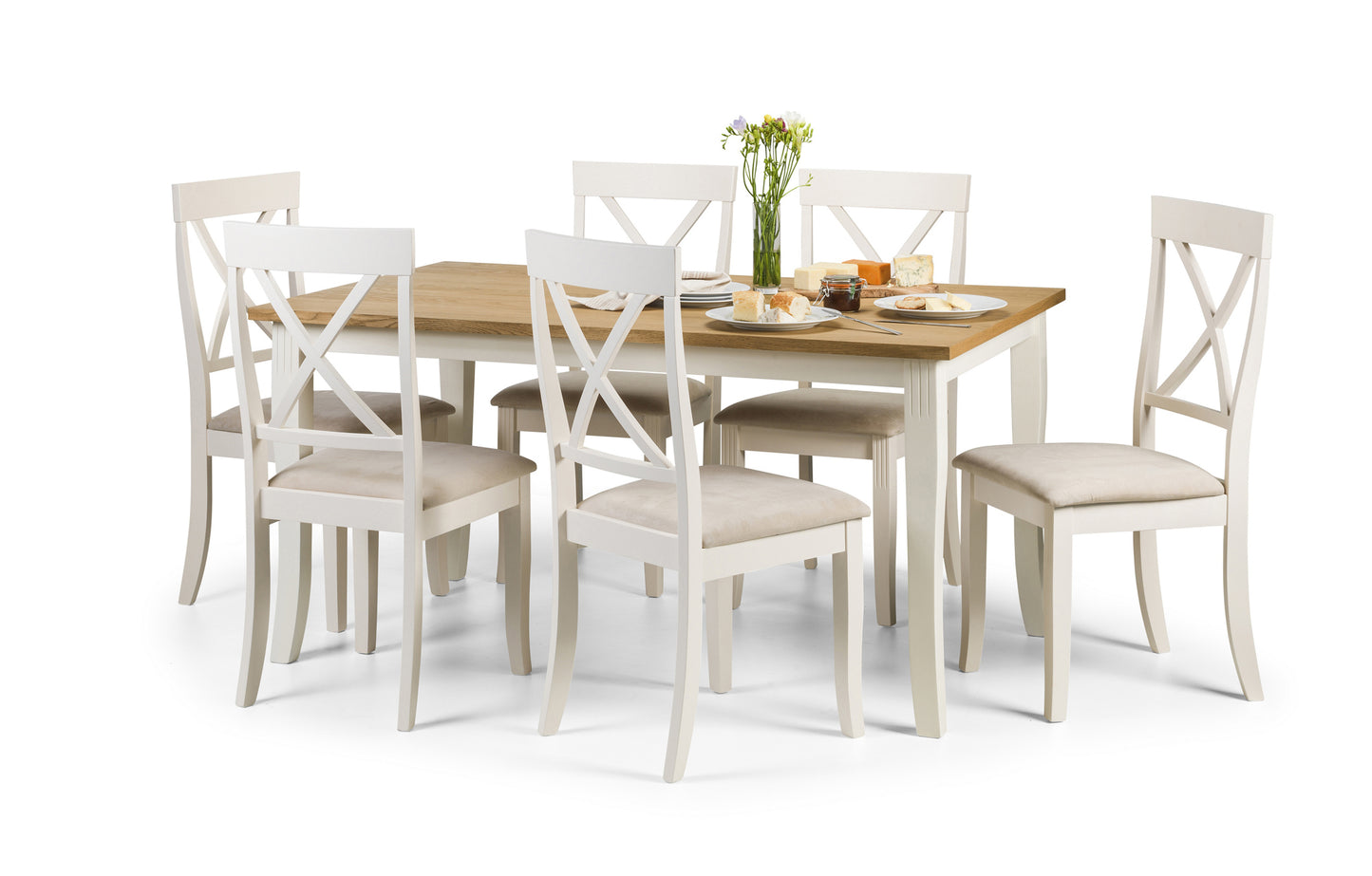 Davenport Extend. Dining Tab. Oak + Davenport Chair Rubberwood Ivory Finish with Faux Suede