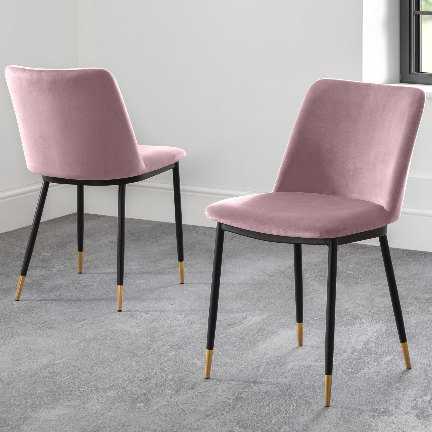 Montero Round Table Golden Legs Glass Top + Delaunay Dining Chair Dusky Pink Fabric Black Legs