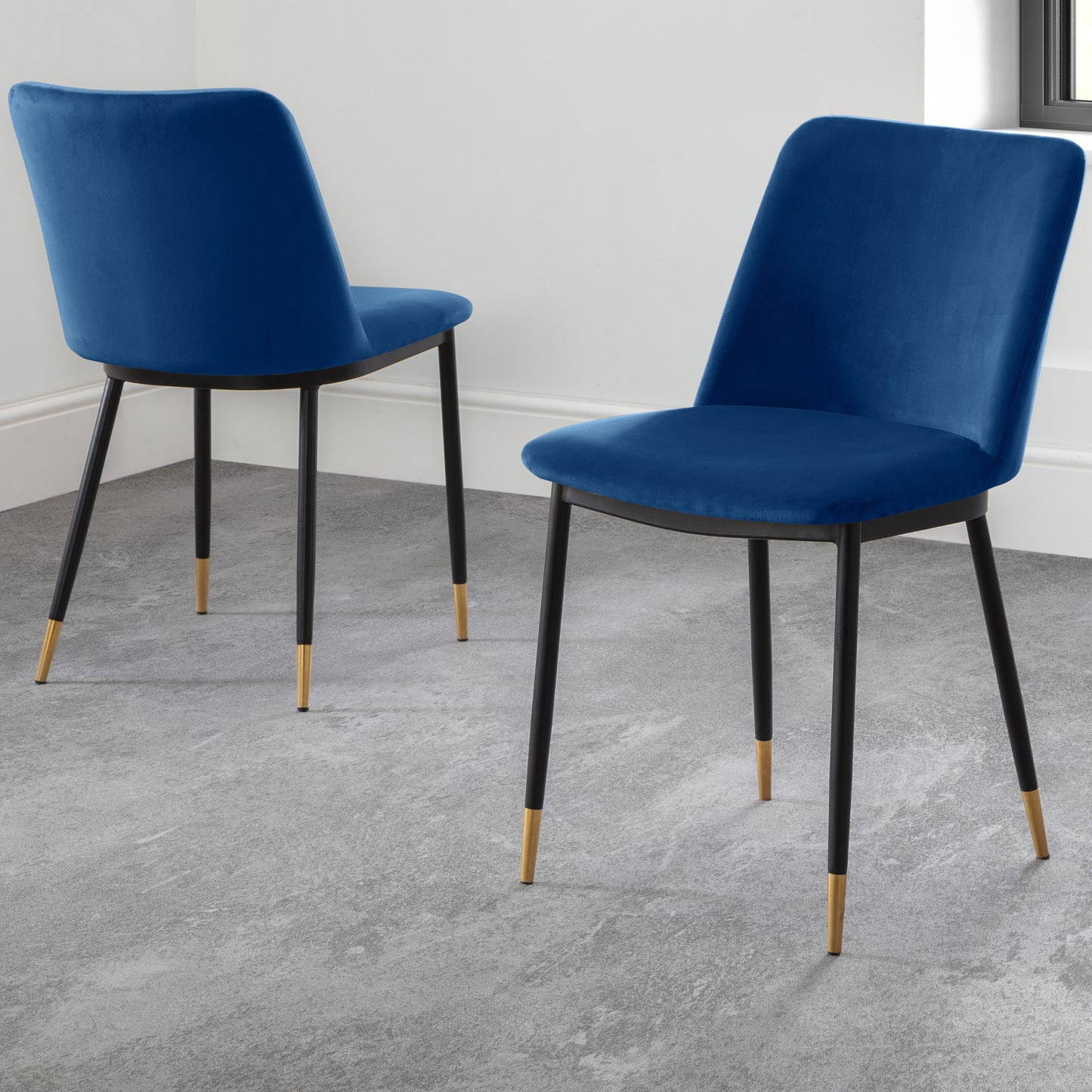 Montero Round Table Golden Legs Glass Top & Delaunay Dining Chair(4 Nos) Blue Fabric Black Legs