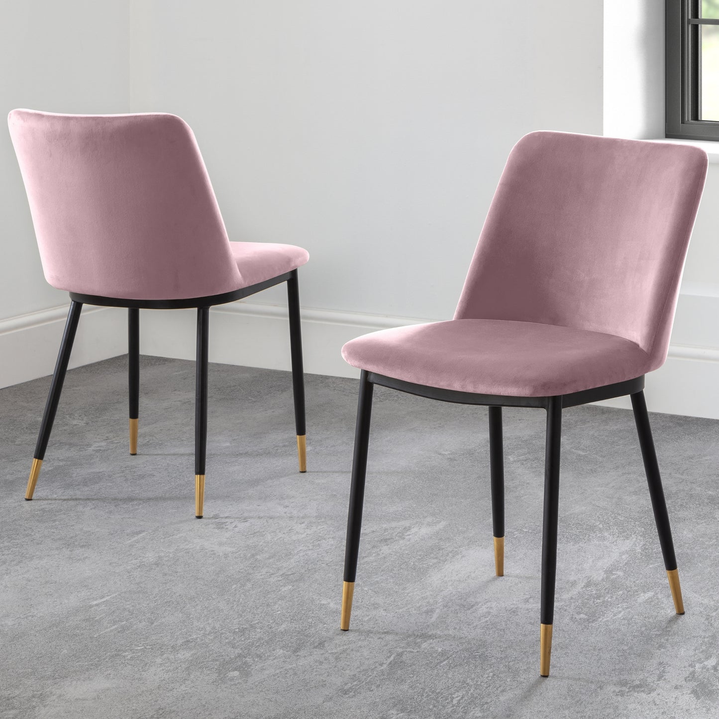 Montero Round Table Golden Legs Glass Top & Delaunay Dining Chair(4 Nos) Dusky Pink Fabric Black Legs