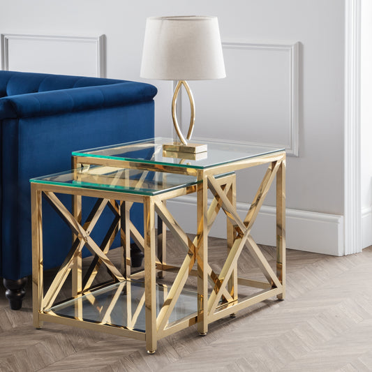 Miami Nest of Tables Gold Finish Frame & Tempered Glass