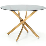 Montero Round Table Golden Legs Glass Top & Delaunay Dining Chair Grey Fabric Black Legs