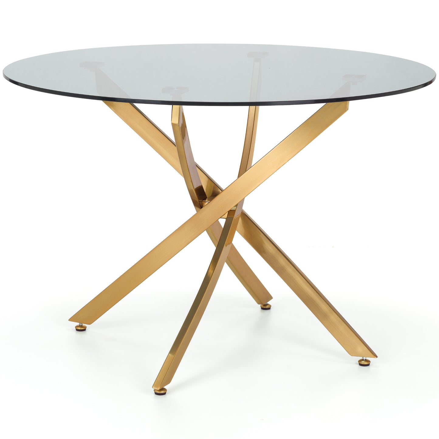 Montero Round Table Golden Legs Glass Top & Delaunay Dining Chair(4 Nos) Blue Fabric Black Legs
