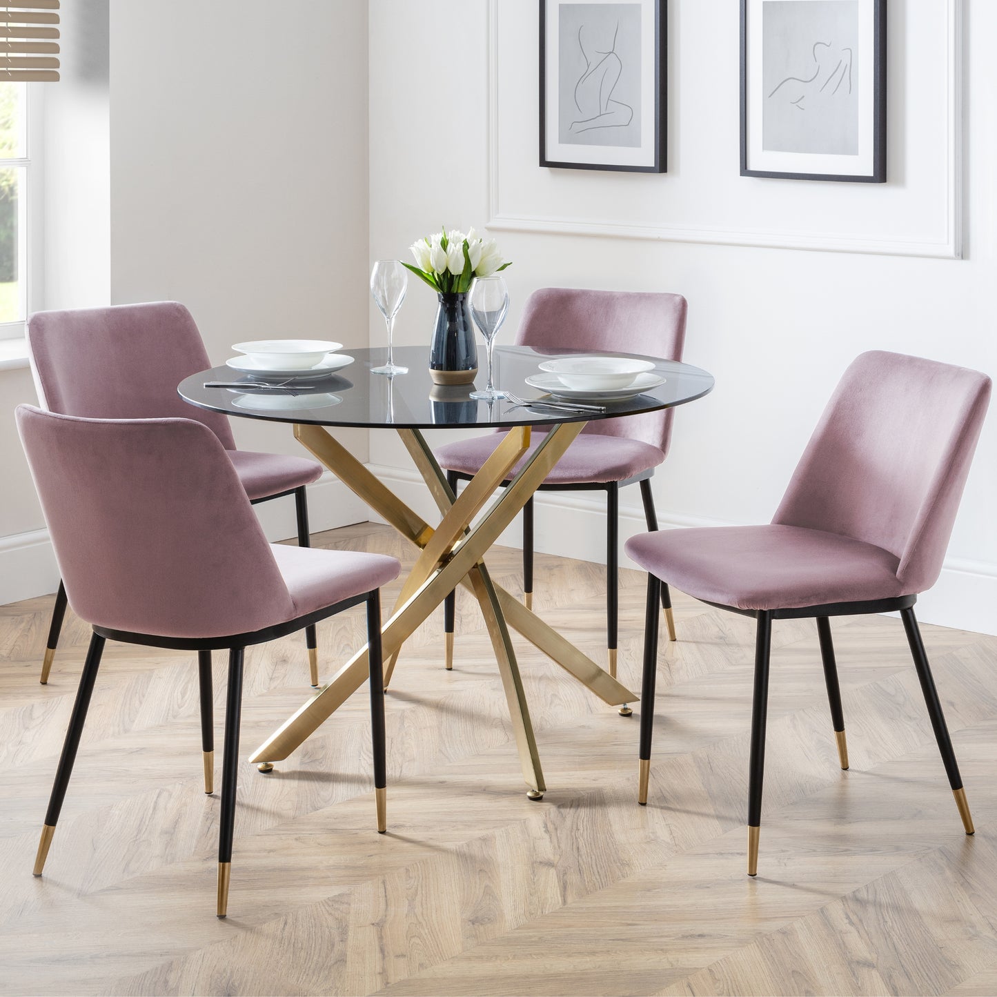 Montero Round Table Golden Legs Glass Top + Delaunay Dining Chair Dusky Pink Fabric Black Legs