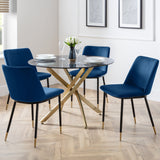 Montero Round Table Golden Legs Glass Top & Delaunay Dining Chair Blue Fabric Black Legs