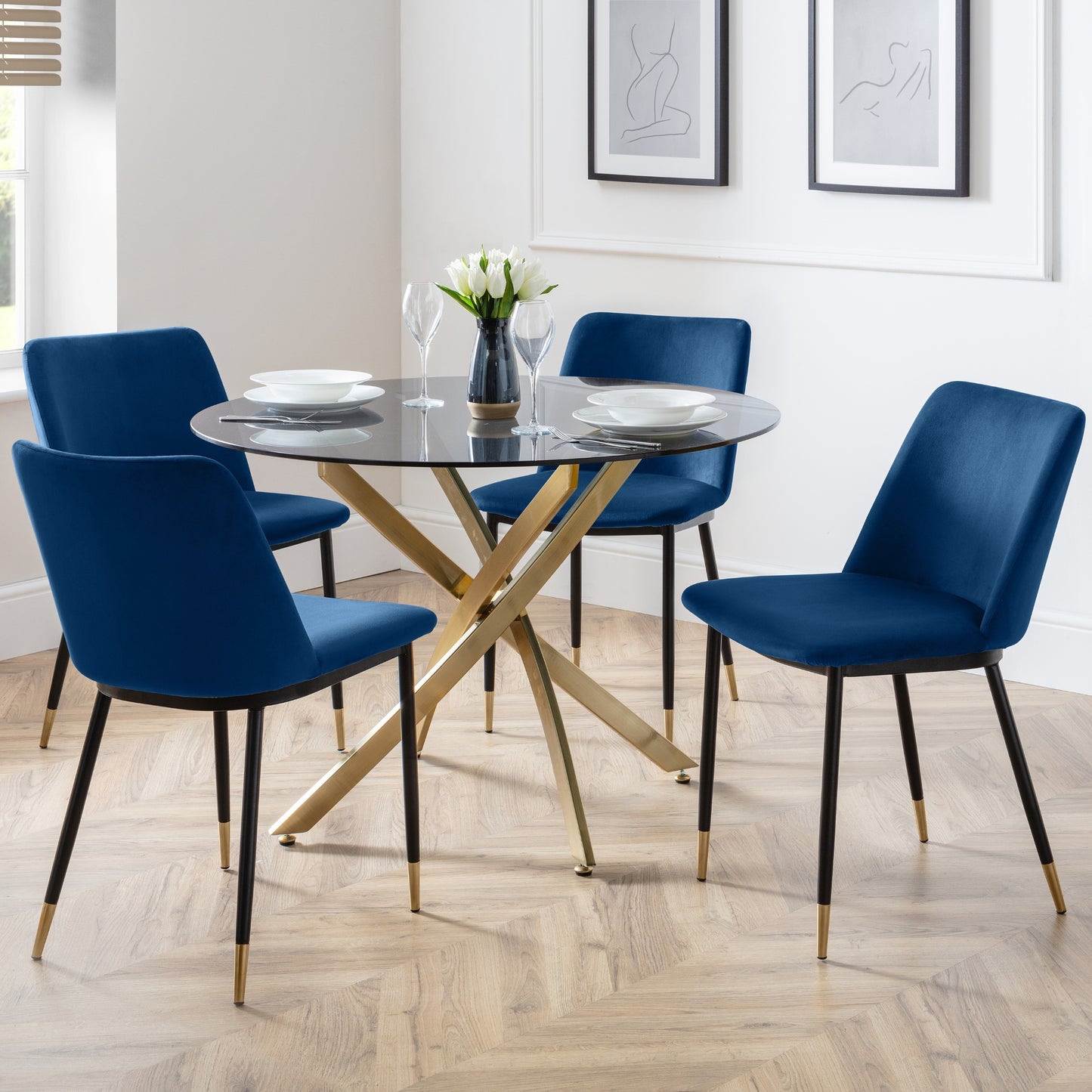 Montero Round Table Golden Legs Glass Top & Delaunay Dining Chair(4 Nos) Blue Fabric Black Legs