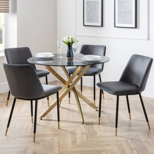 Montero Round Table Golden Legs Glass Top & Delaunay Dining Chair(4 Nos) Grey Fabric Black Legs