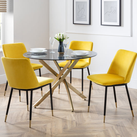 Montero Round Table Golden Legs Glass Top & Delaunay Dining Chair(4 Nos) Mustard Fabric Black Legs