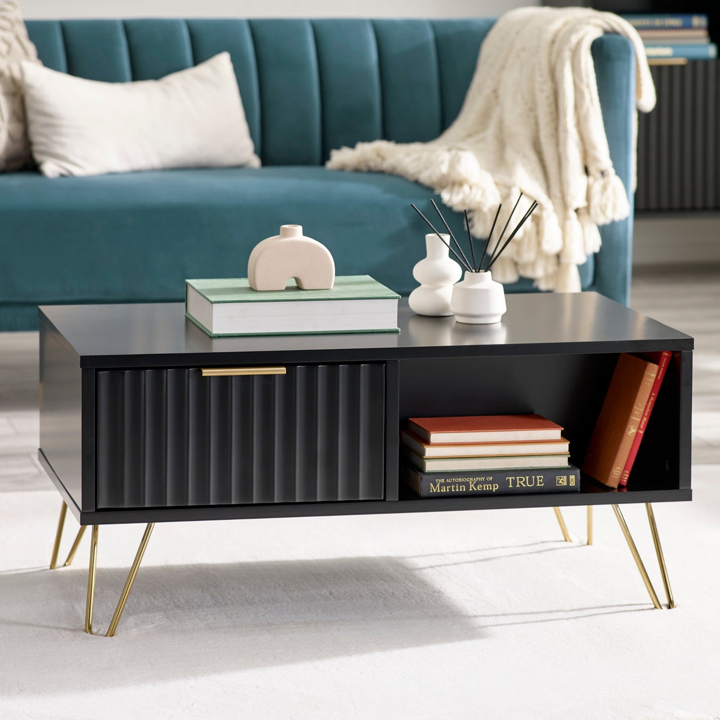 Murano Coffee Table in Matte Black & Gold Accents