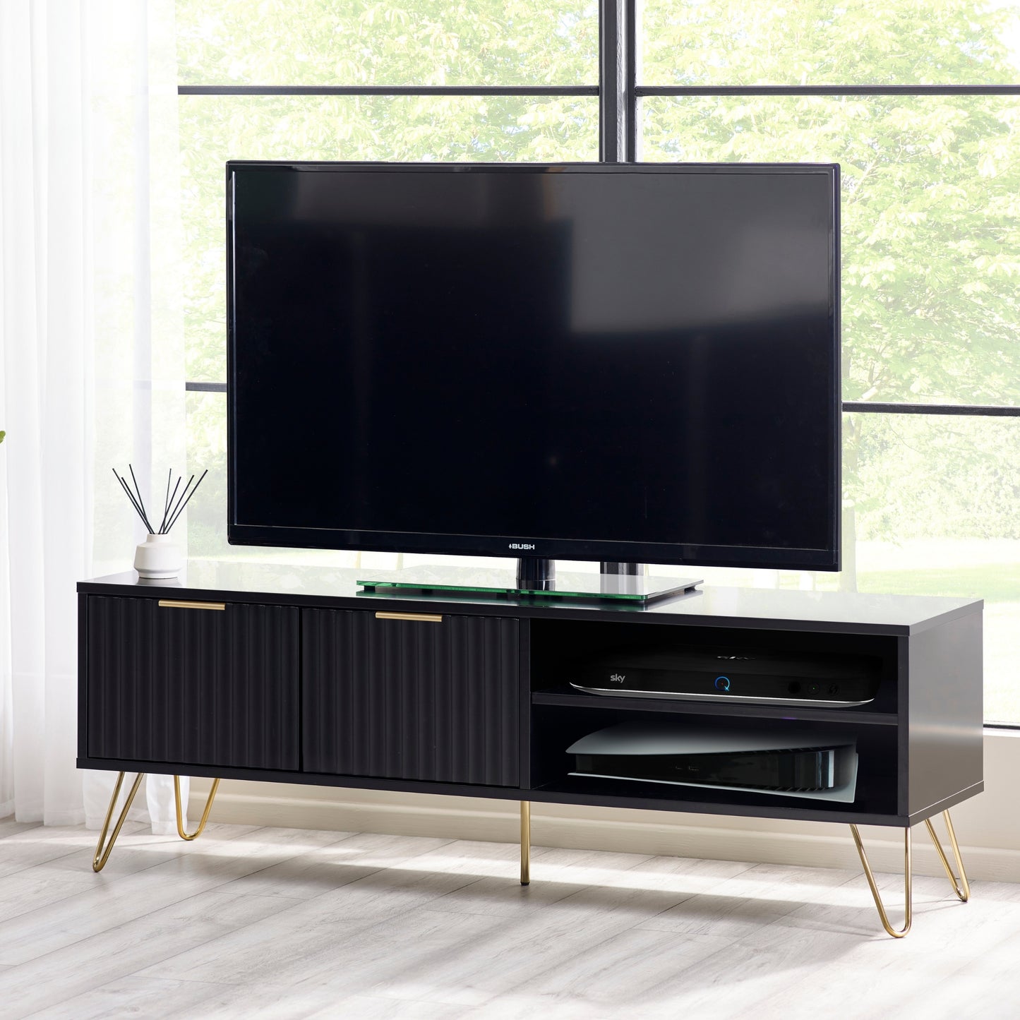 Murano TV Unit in Matte Black & Gold Accents