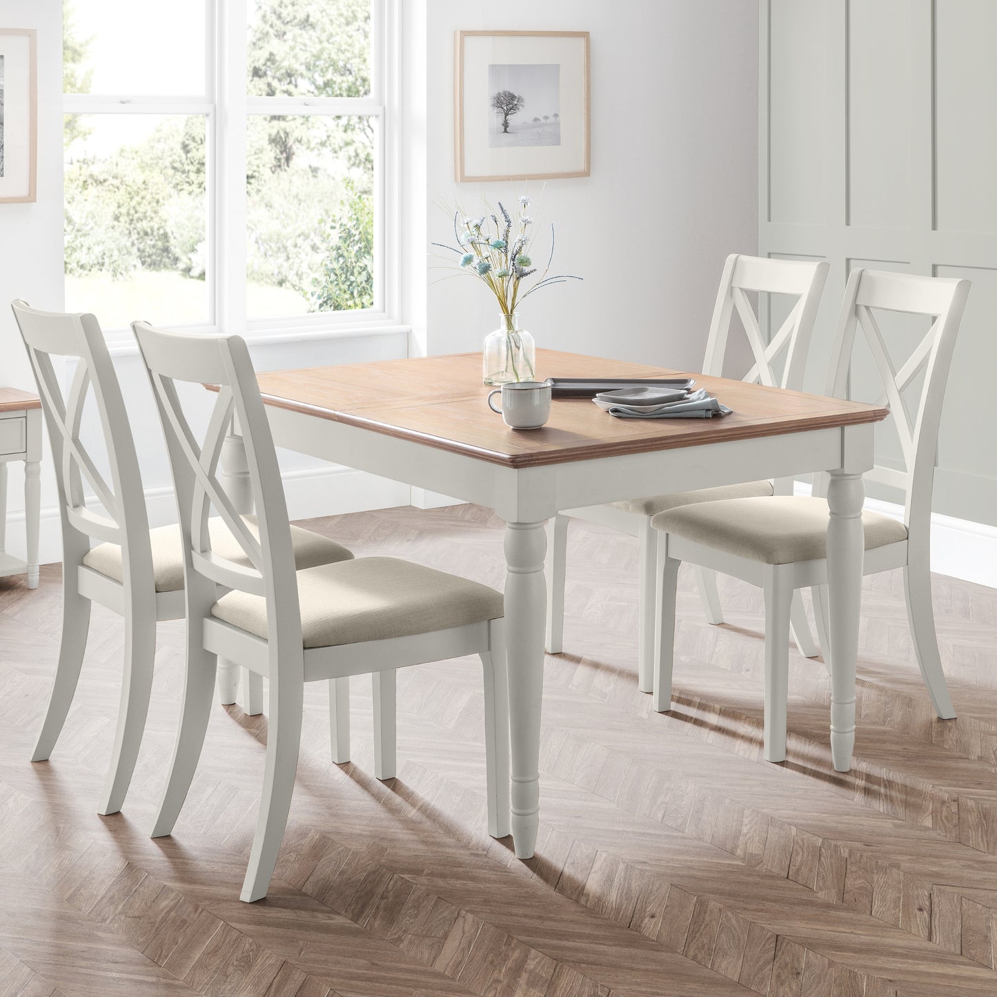 Provence Extending Limed Oak Top Grey Lacquer Dining Table & Dining Chair(6 Chairs)