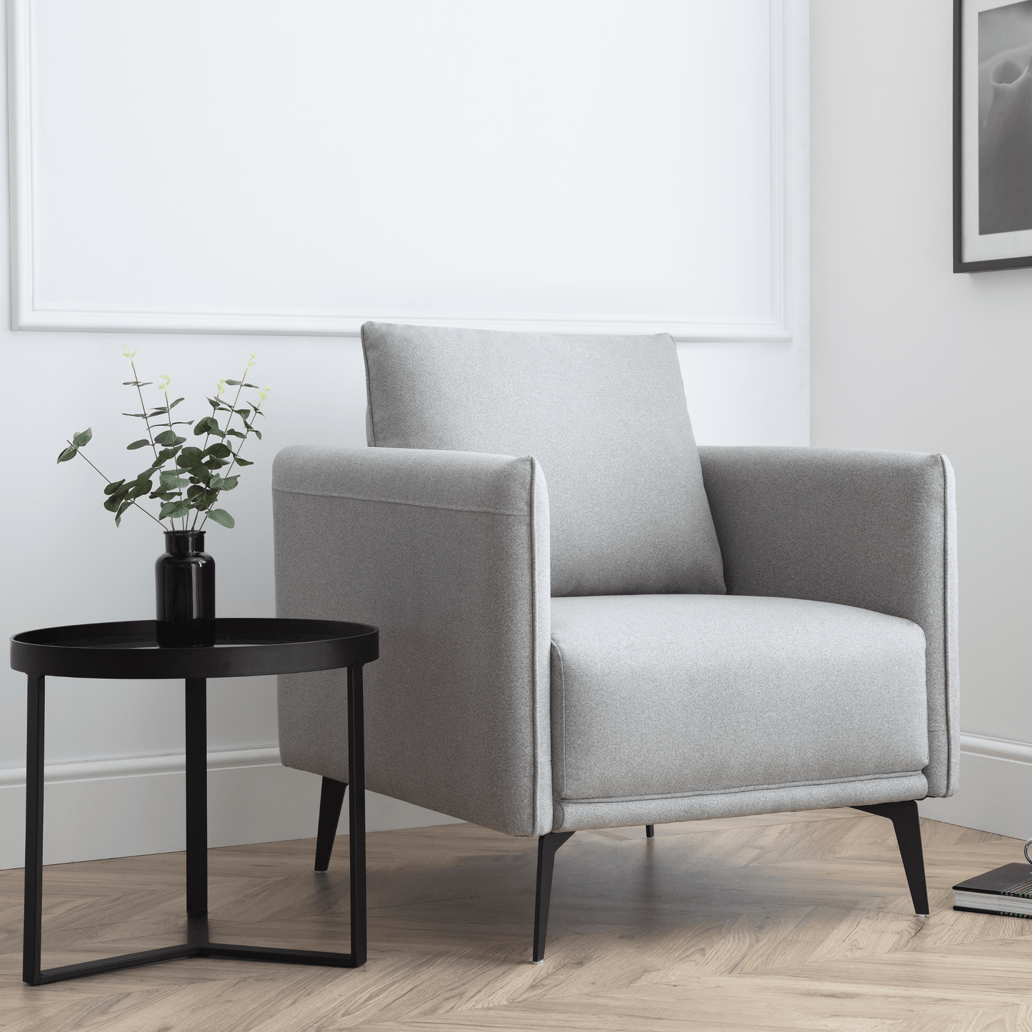 Rohe Sofa / Arm Chair Platinum Wool Feel Fabric With Black Metal Legs