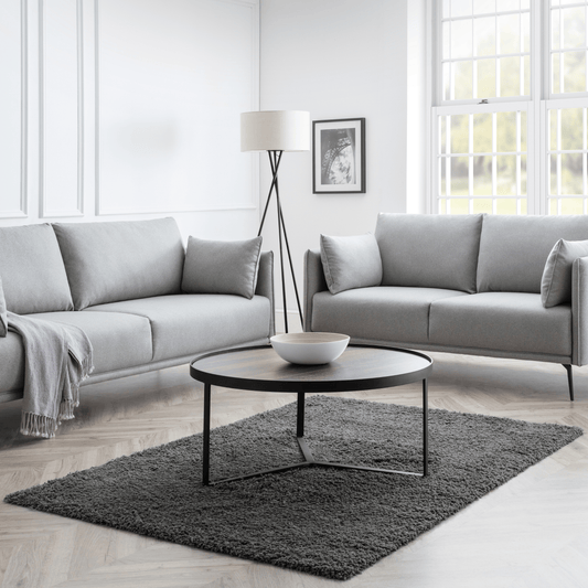 Rohe Sofa Set: 3+2+1 Seater Sofa/Arm Chair Platinum Wool Feel Fabric With Black Metal Legs