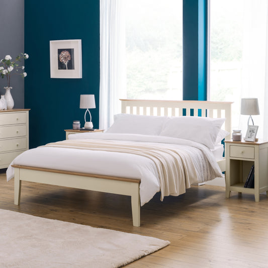 Salerno Shaker Wooden Bed Ivory Lacquered MDF + Solid White Oak - Two Tone