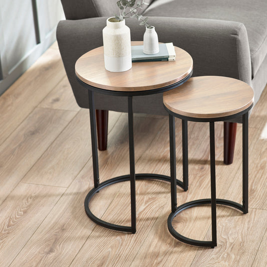 Tribeca Round Nesting Side Tables Sonoma Oak & Black Metal Frame