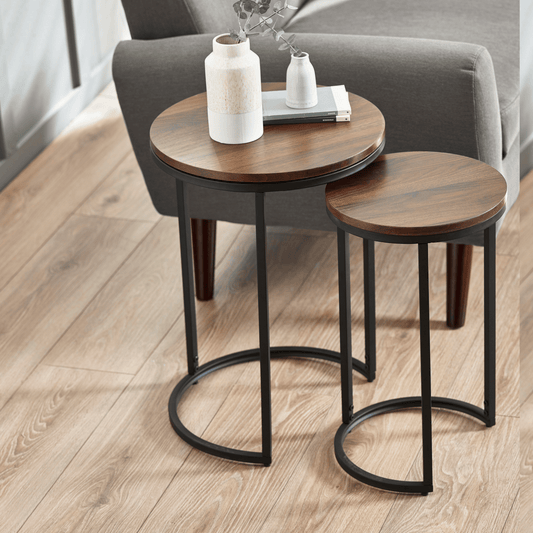 Tribeca Round Nesting Side Tables Walnut & Black Metal Frame