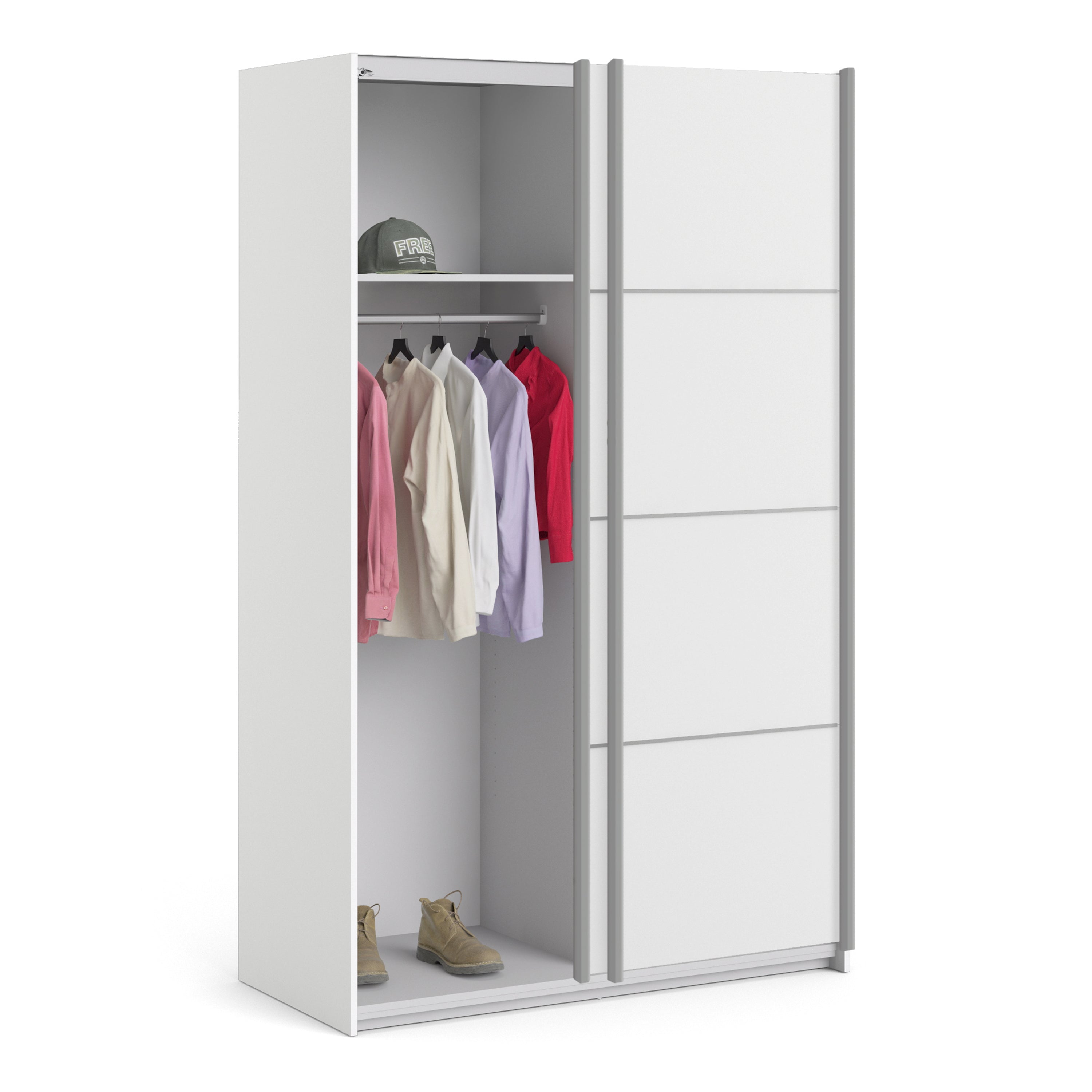 Verona Sliding Wardrobe 120cm White with White Doors 2or5 Shelves - FURNITURE CURLS
