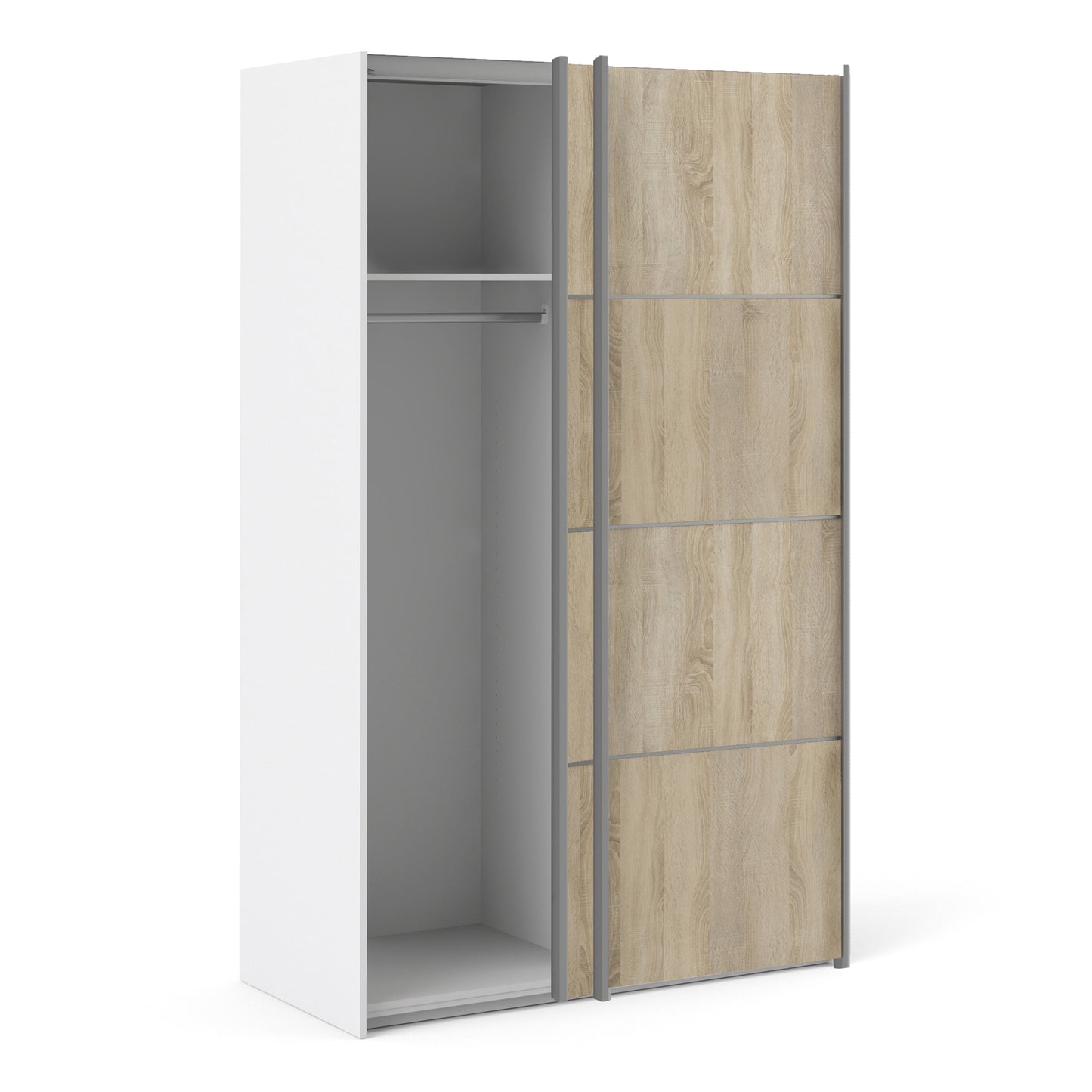 Verona Sliding Wardrobe 120cm White with Oak Doors 2Shelves Or 5Shelves - FURNITURE CURLS