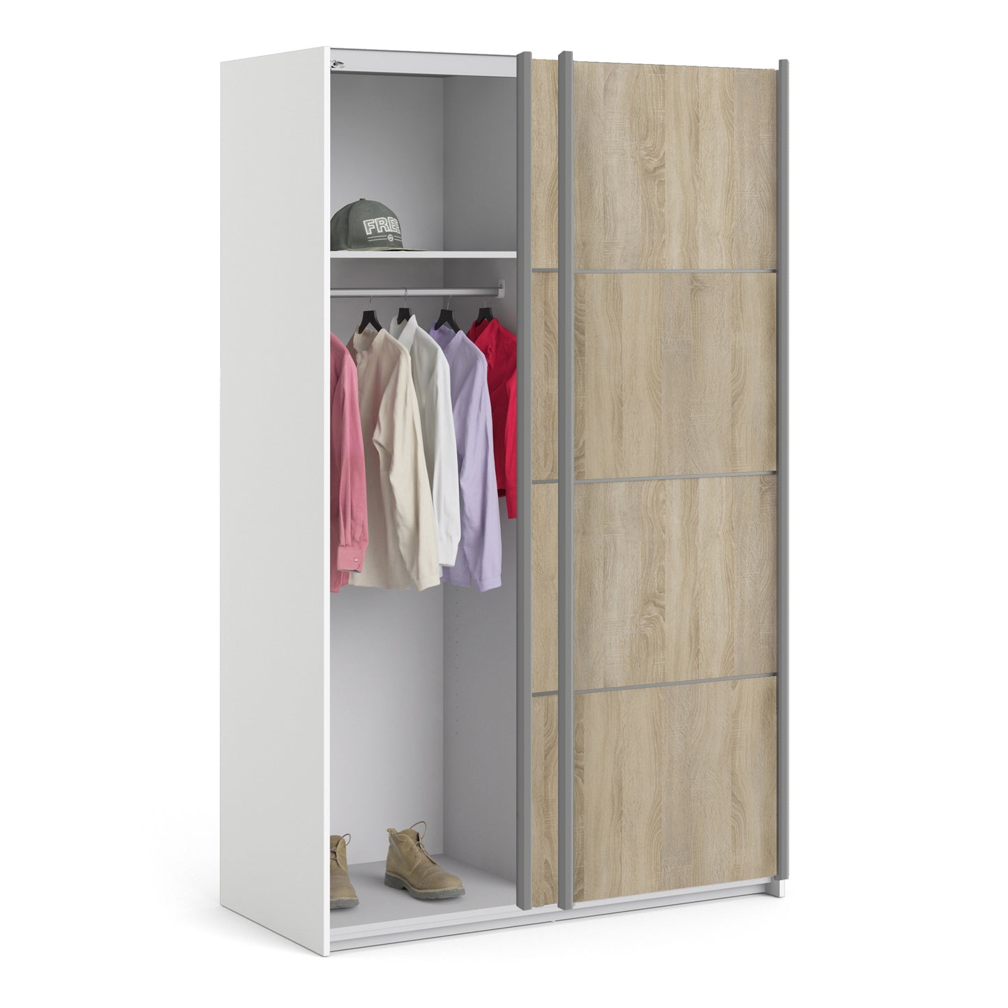 Verona Sliding Wardrobe 120cm White with Oak Doors 2Shelves Or 5Shelves - FURNITURE CURLS