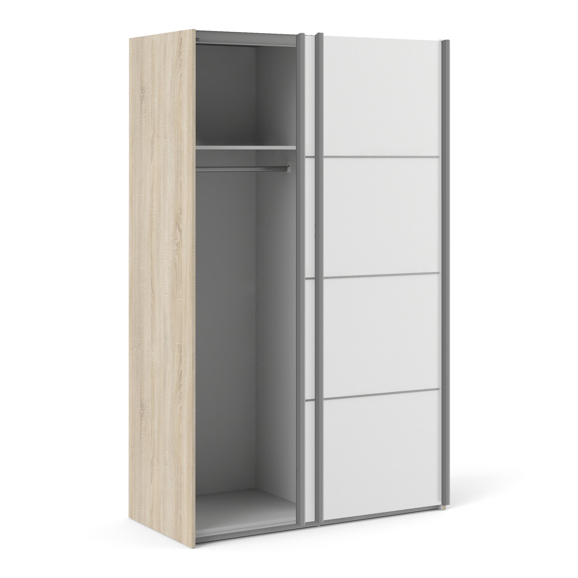 Verona Sliding Wardrobe 120cm Oak with White Doors 2Shelves Or 5Shelves - FURNITURE CURLS