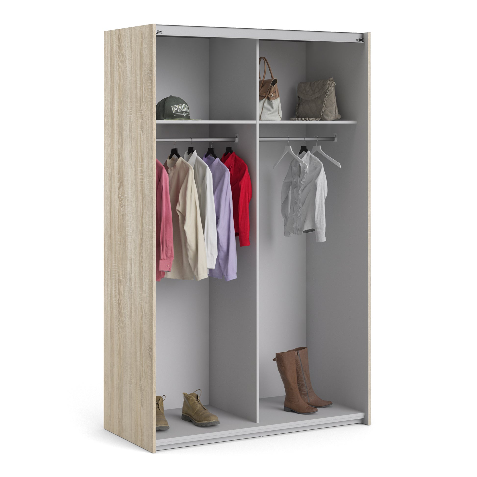 Verona Sliding Wardrobe 120cm Oak with White Doors 2Shelves Or 5Shelves - FURNITURE CURLS