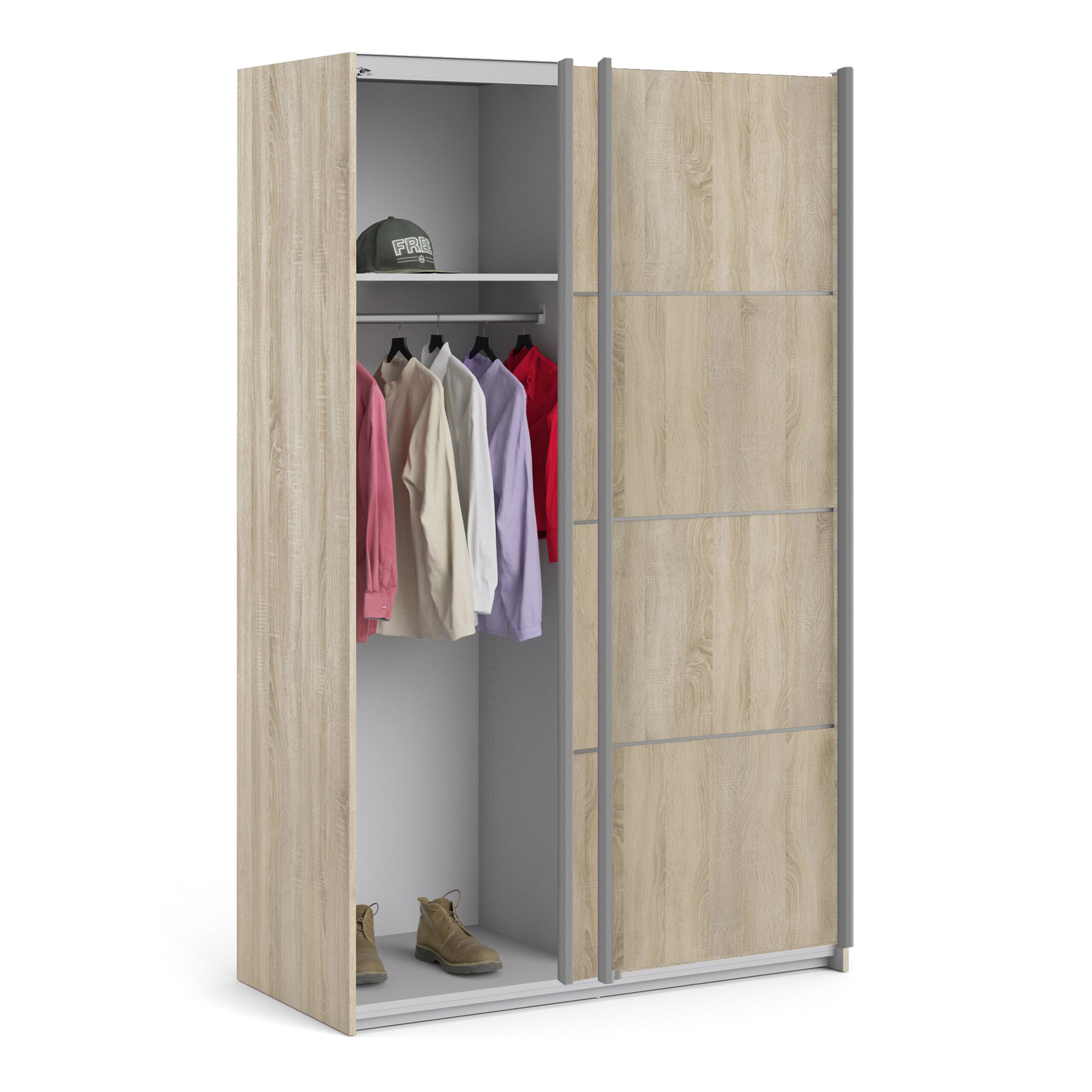 Verona Sliding Wardrobe 120cm Oak with Oak Doors 2Shelves Or 5Shelves - FURNITURE CURLS