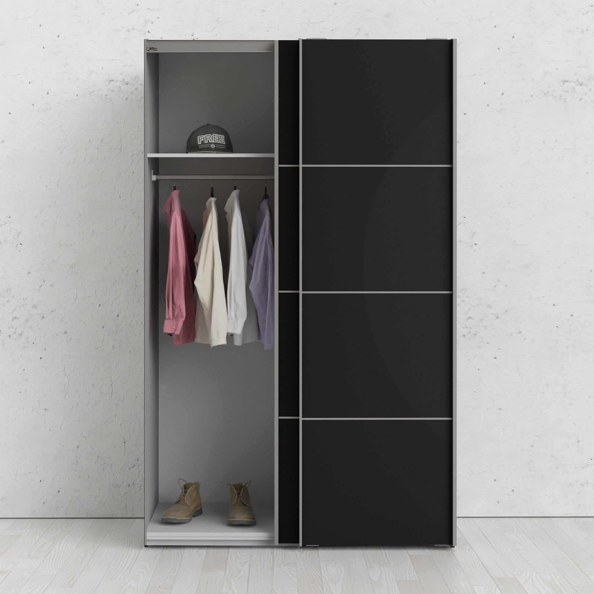 Verona Sliding Wardrobe 120cm Matt Black + Matt Black Door 2or5 Shelves - FURNITURE CURLS