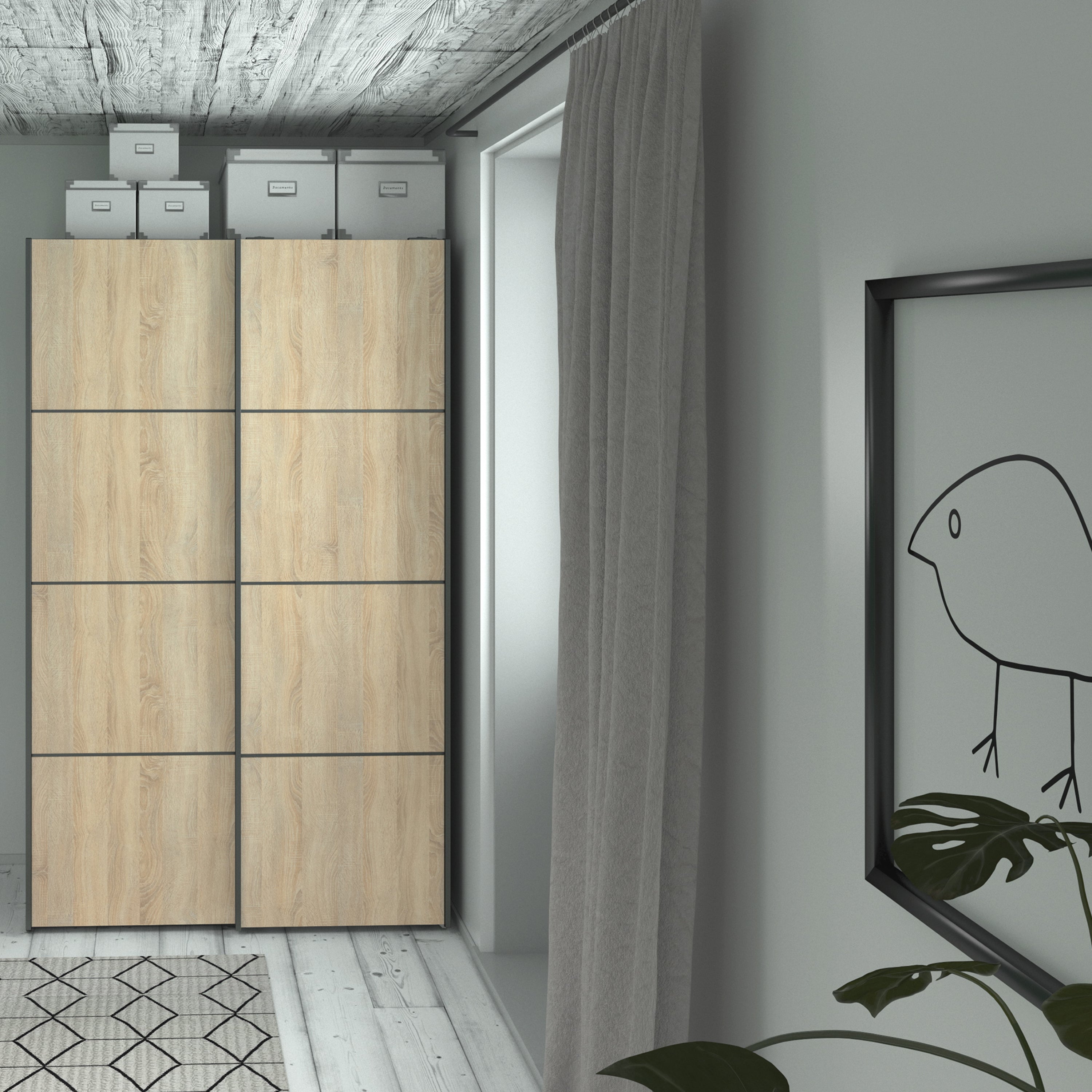 Verona Sliding Wardrobe 120cm In Matt Black + Oak Doors 2or5 Shelves - FURNITURE CURLS