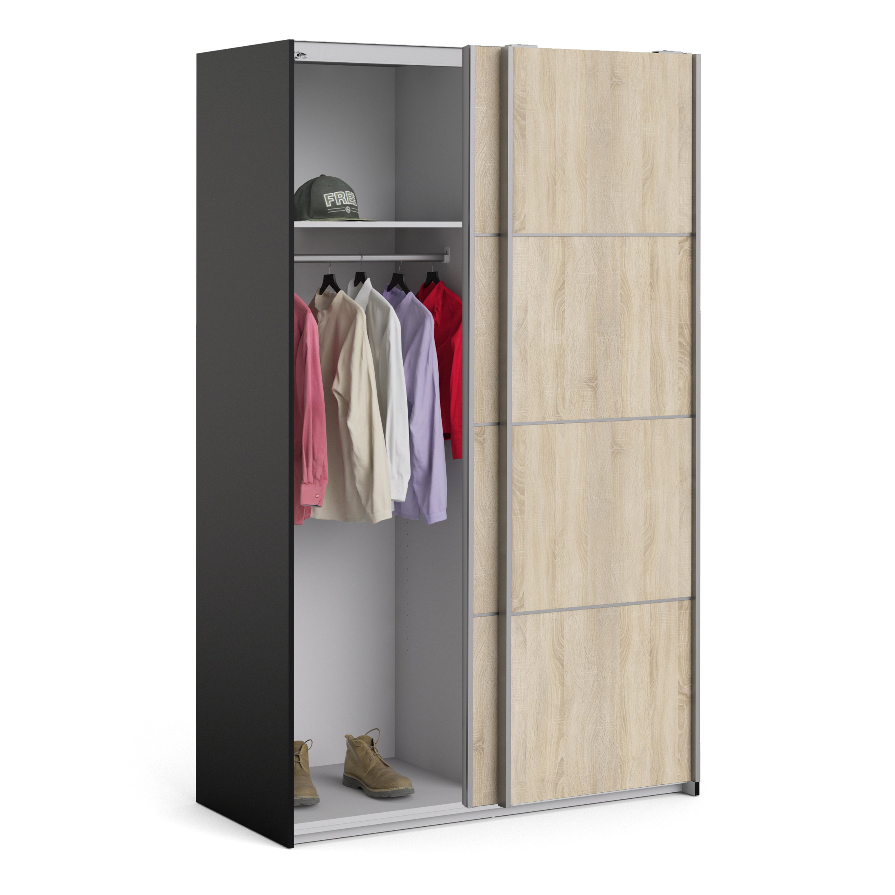 Verona Sliding Wardrobe 120cm In Matt Black + Oak Doors 2or5 Shelves - FURNITURE CURLS