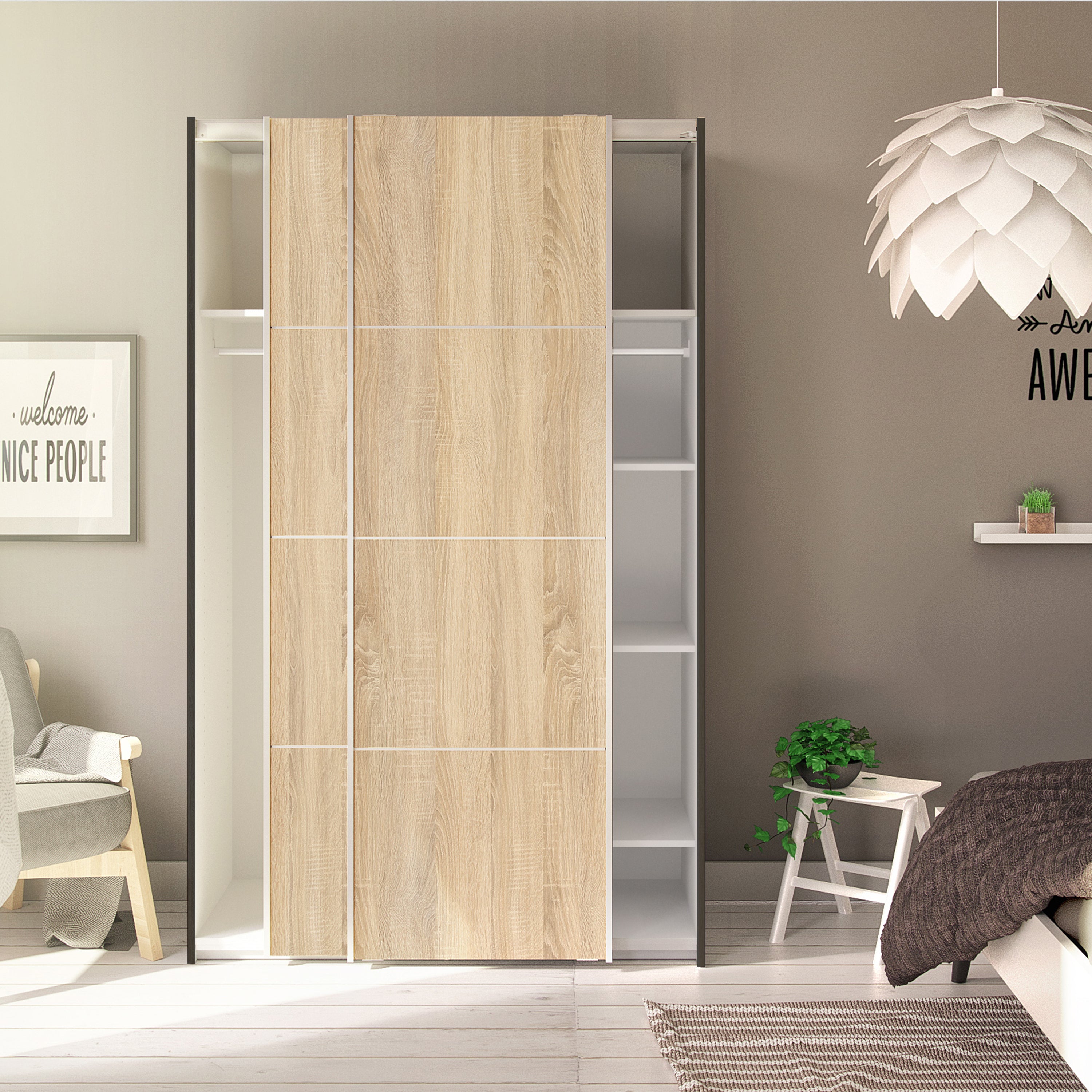 Verona Sliding Wardrobe 120cm In Matt Black + Oak Doors 2or5 Shelves - FURNITURE CURLS