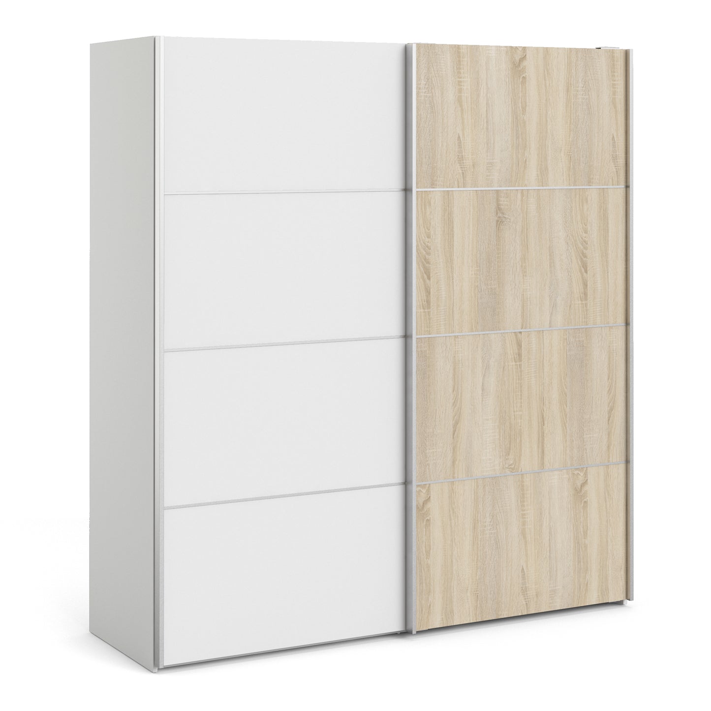 Verona Sliding Wardrobe 180cm White with (White +Oak) Doors 2or5Shelves - FURNITURE CURLS