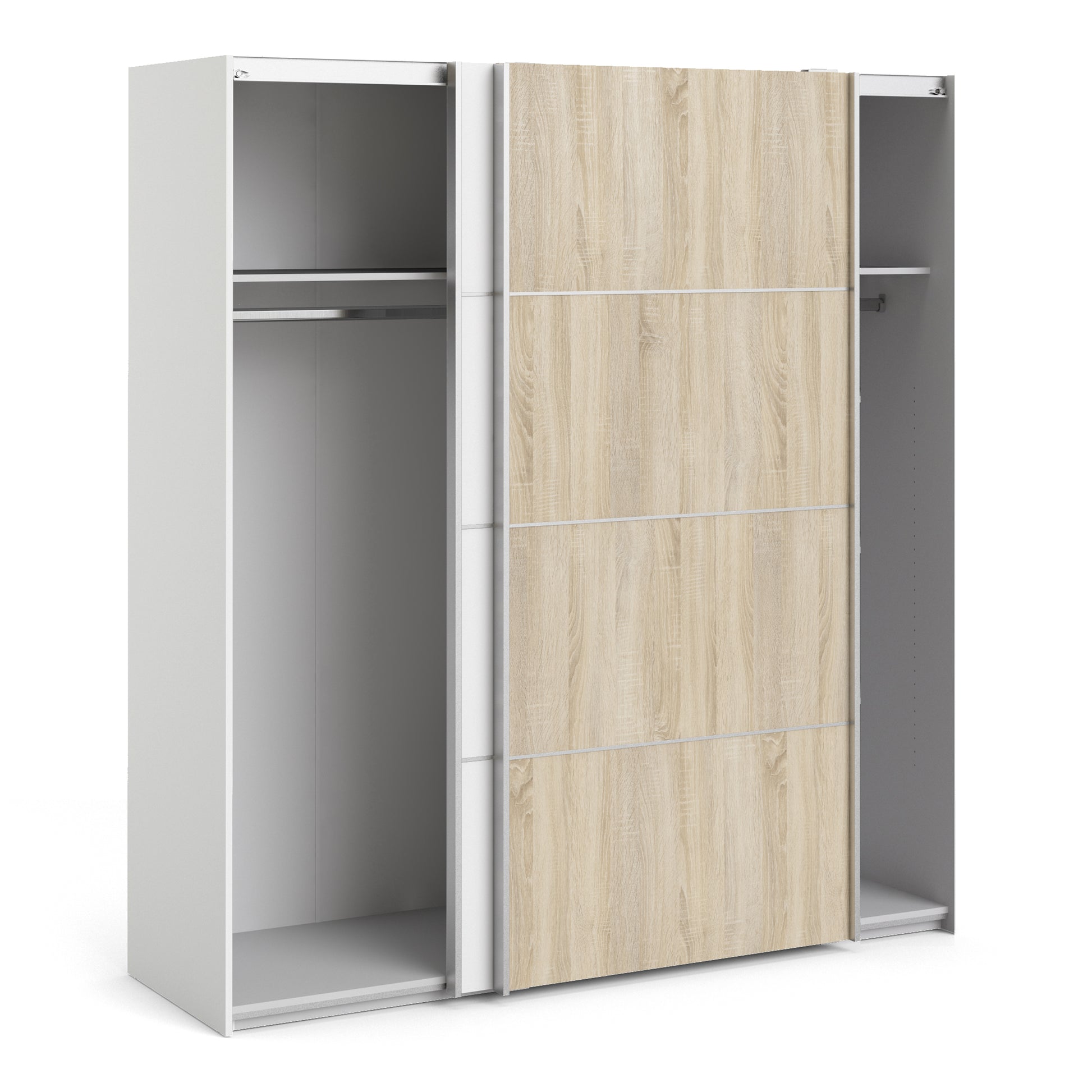 Verona Sliding Wardrobe 180cm White with (White +Oak) Doors 2or5Shelves - FURNITURE CURLS