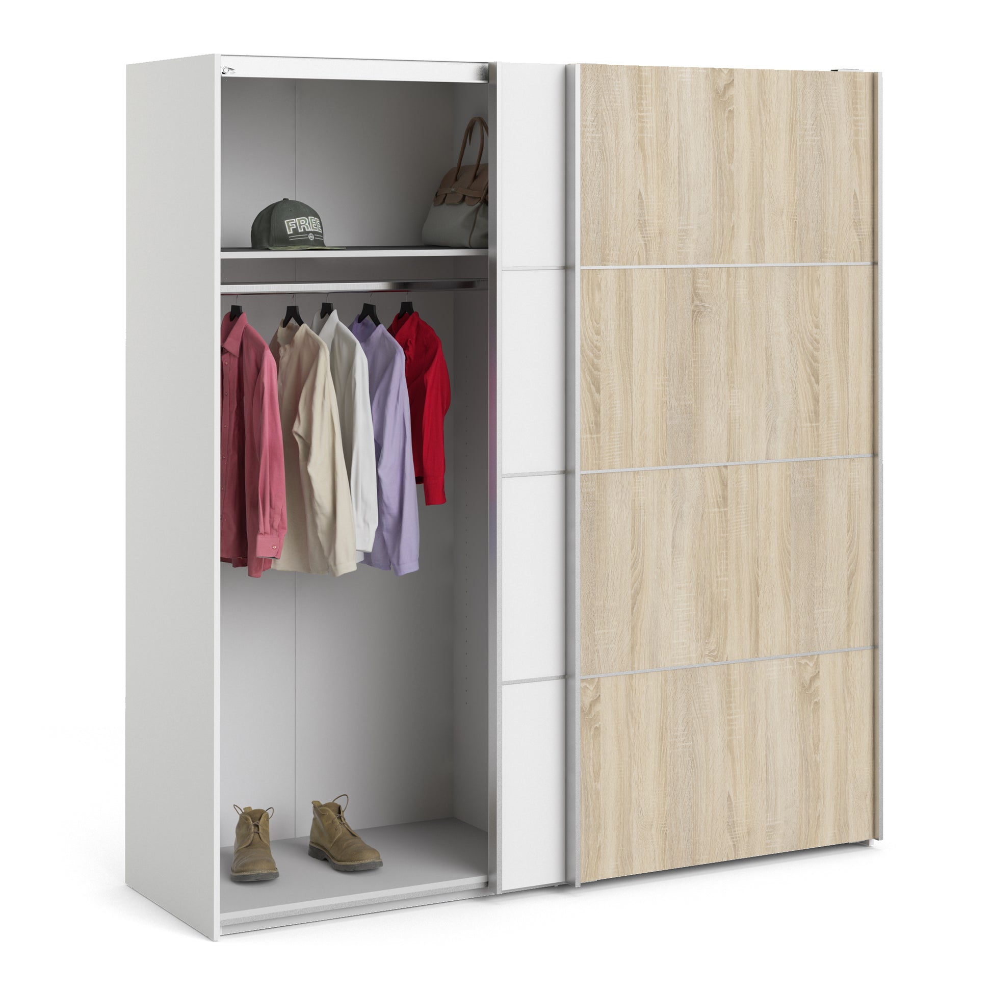 Verona Sliding Wardrobe 180cm White with (White +Oak) Doors 2or5Shelves - FURNITURE CURLS