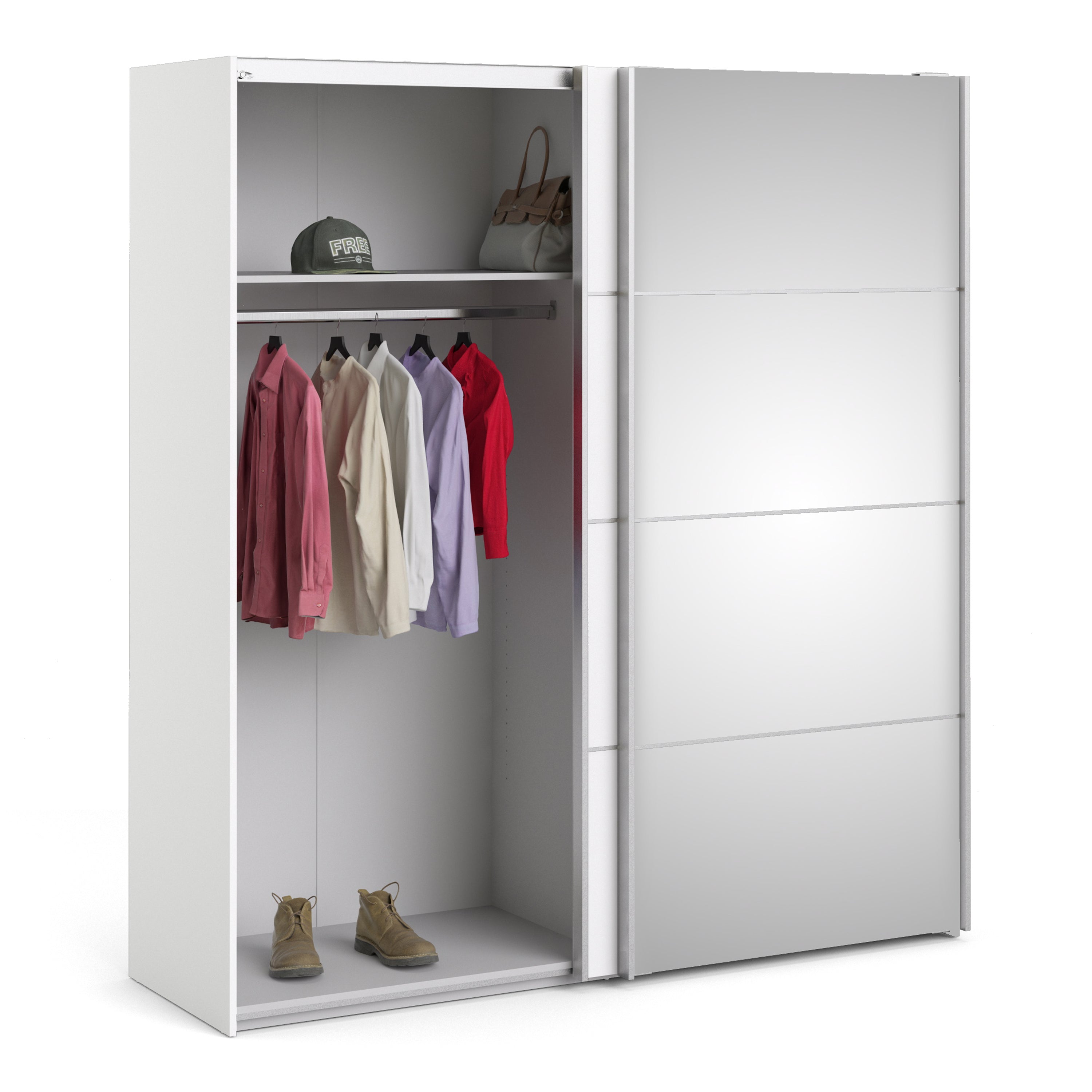 Verona Sliding Wardrobe 180cm White with (White +Mirror) Doors 2or5 Shelves - FURNITURE CURLS