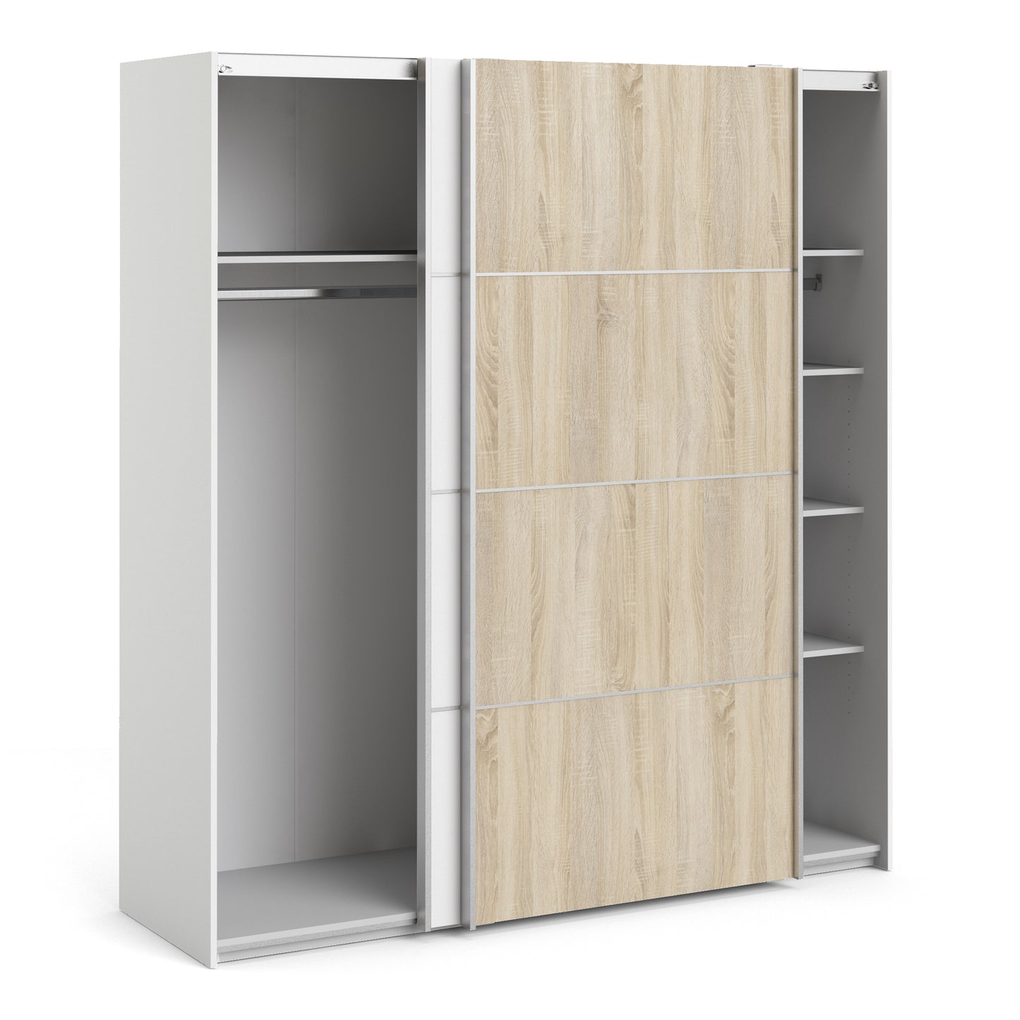 Verona Sliding Wardrobe 180cm White with (White +Oak) Doors 2or5Shelves - FURNITURE CURLS