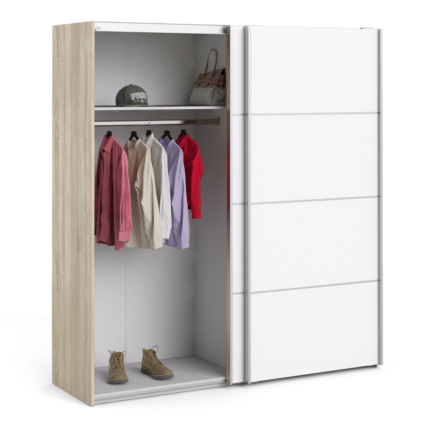 Verona Sliding Wardrobe 180cm Oak with White Doors 2or5 Shelves - FURNITURE CURLS